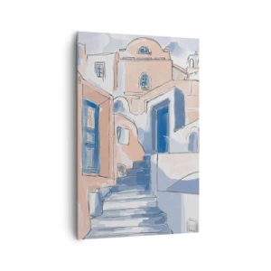 Obraz na płótnie - Artystyczna ilustracja śródziemnomorskiej architektury w odcieniach błękitu i beżu - 80x120cm - Egzotyczne miasto - Nowoczesna dekoracja ścienna do salonu i sypialni ARTTOR