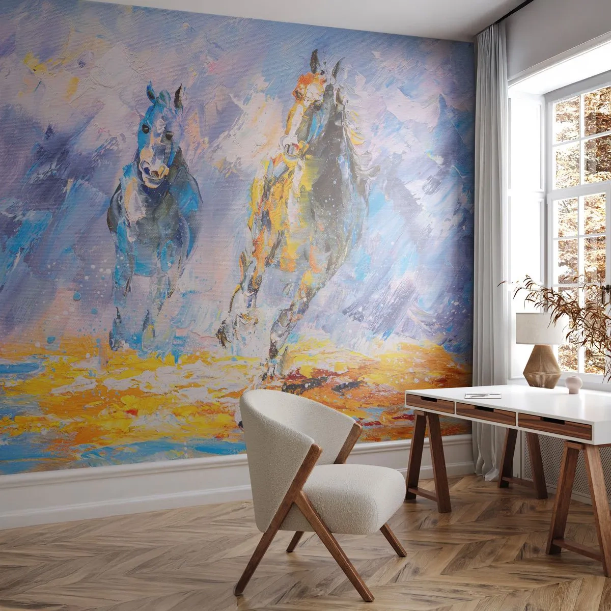 Fototapeta Premium Sand - Galopujące konie w malarskim stylu - 100x70cm - Galopem przez blask - Nowoczesna dekoracja ścienna do salonu, kuchni i sypialni ARTTOR