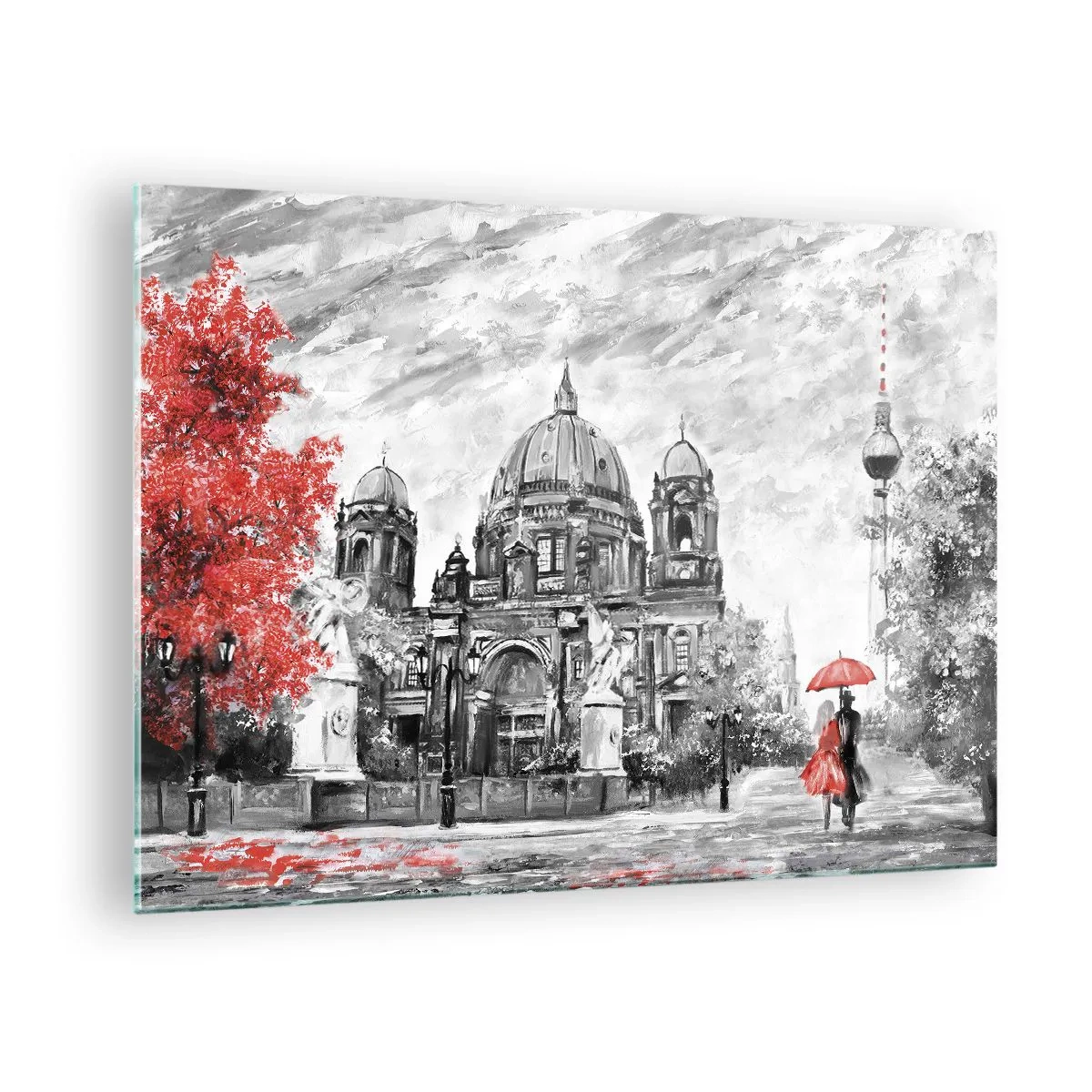 Obraz na szkle - Berlińska katedra z czerwonym akcentem w monochromatycznej tonacji - 70x50cm - Berlińskie spotkanie - Nowoczesna dekoracja ścienna do salonu i sypialni ARTTOR