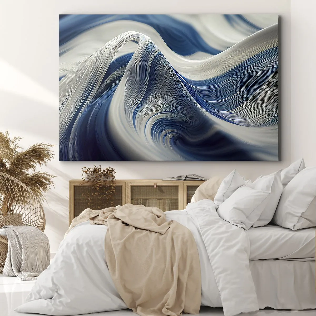 Obraz na płótnie - Abstrakcyjne fale w odcieniach błękitu i bieli - 70x50cm - Płynność błękitu i bieli - Nowoczesna dekoracja ścienna do salonu i sypialni ARTTOR