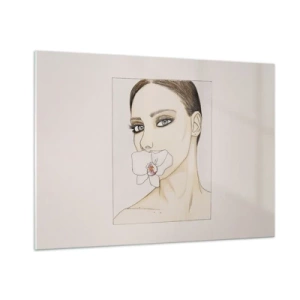 Obraz na szkle - Portret kobiety z orchideą w ustach na jasnym tle - 100x70cm - Symbol elegancji i piękna - Nowoczesna dekoracja ścienna do salonu, kuchni i sypialni ARTTOR