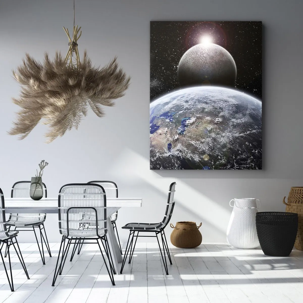 Obraz na płótnie - Kosmiczna przestrzeń z planetą i księżycem - 50x70cm - Pejzaż kosmiczny - wschód słońca - Nowoczesna dekoracja ścienna do salonu, kuchni i sypialni ARTTOR