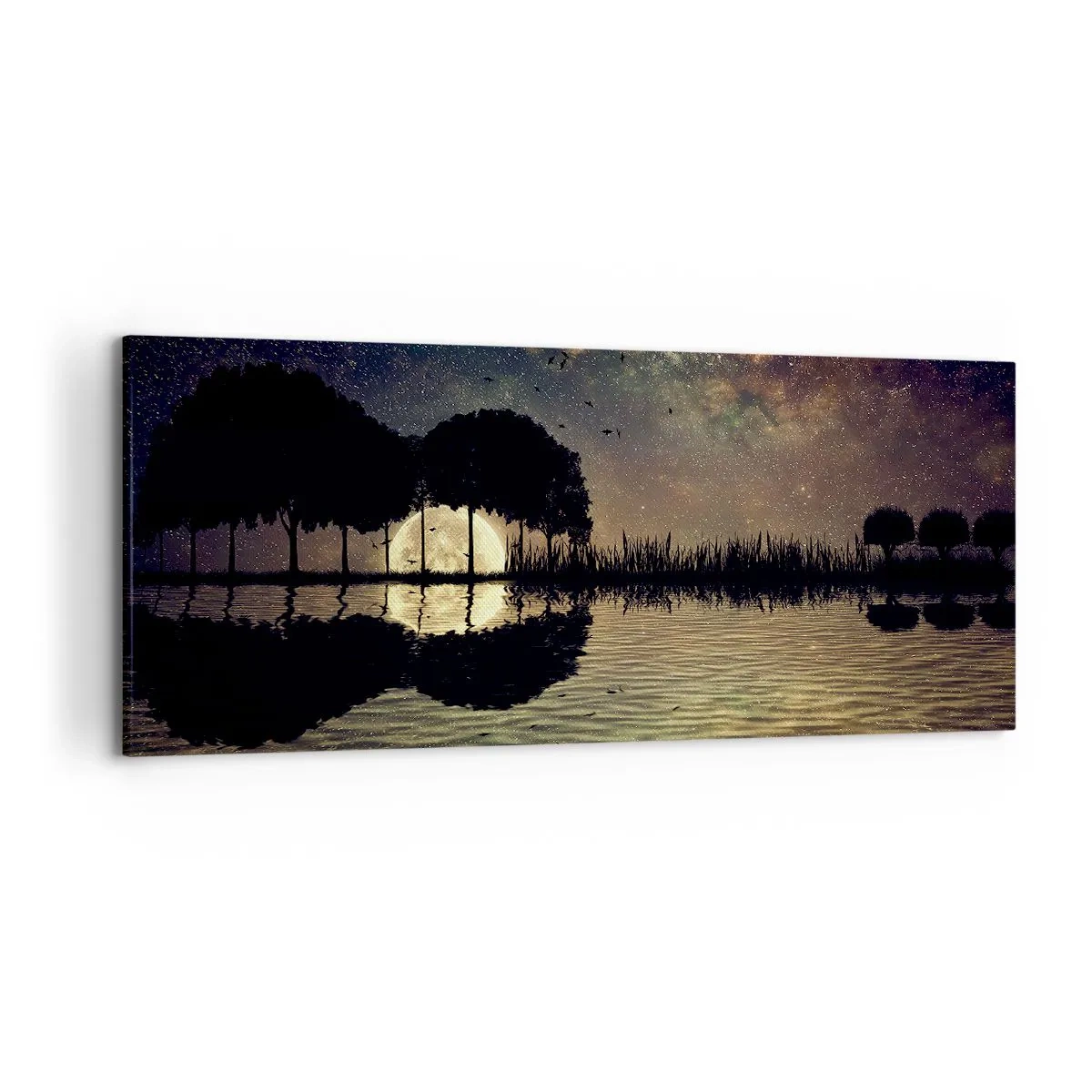 Obraz na płótnie - Magiczna noc z drzewami i odbiciem księżyca na wodzie - 120x50cm - Noc na krańcu świata - Nowoczesna dekoracja ścienna do salonu i sypialni ARTTOR