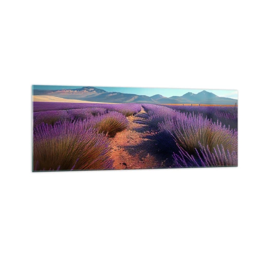 Obraz na szkle - Lawendowe pole z widokiem na góry i błękitne niebo - 140x50cm - Pachnące pola - Nowoczesna dekoracja ścienna do salonu i sypialni ARTTOR