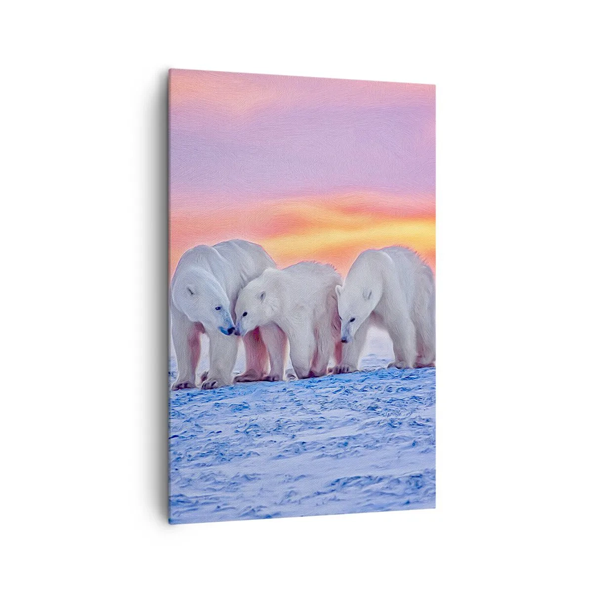 Obraz na płótnie - Trzy niedźwiedzie polarne na tle arktycznego zachodu słońca - 80x120cm - Wystarczy rodzinne ciepło - Nowoczesna dekoracja ścienna do salonu i sypialni ARTTOR