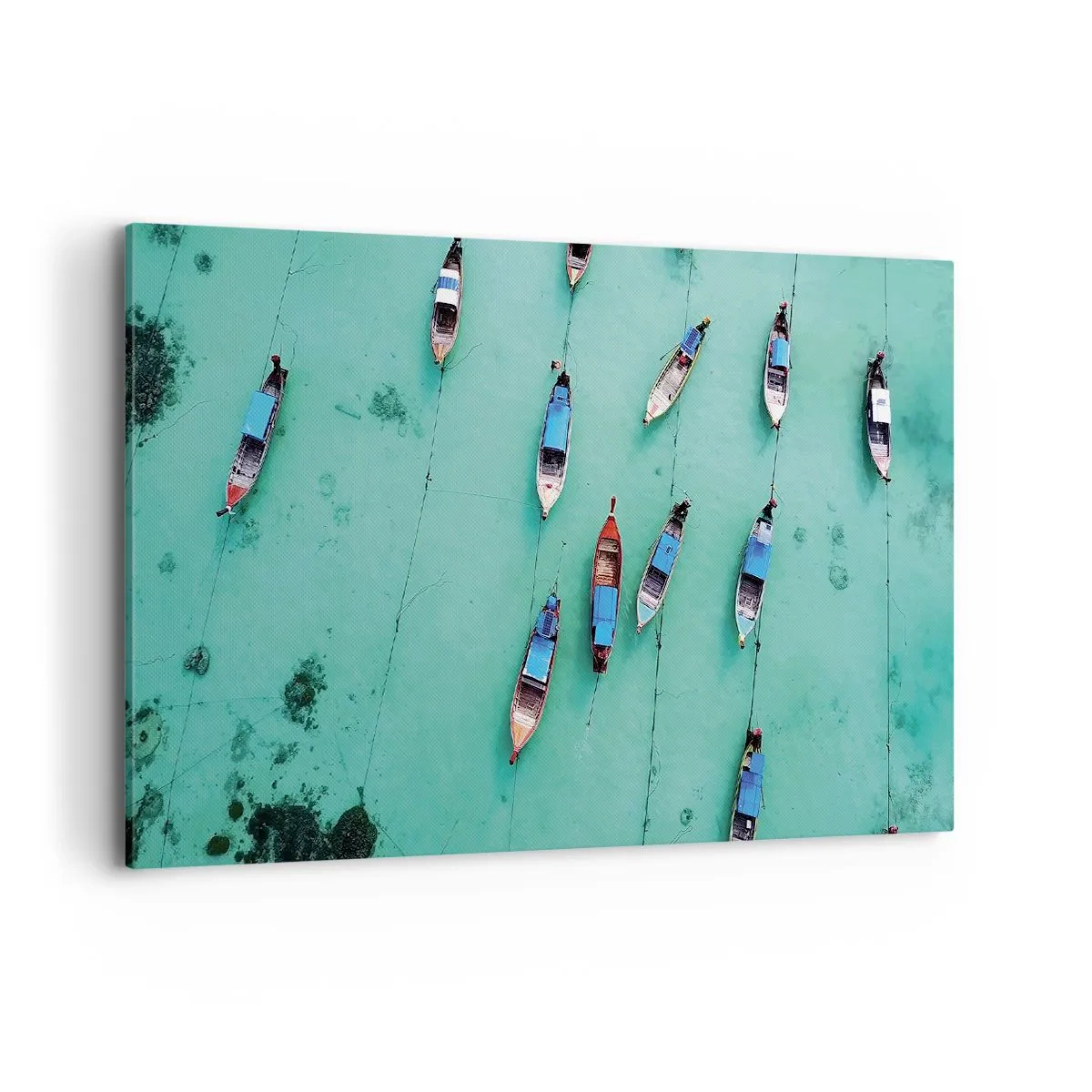 Obraz na płótnie - Łodzie na turkusowej wodzie w widoku z lotu ptaka - 100x70cm - W radosnym oczekiwaniu - Nowoczesna dekoracja ścienna do salonu, kuchni i sypialni ARTTOR
