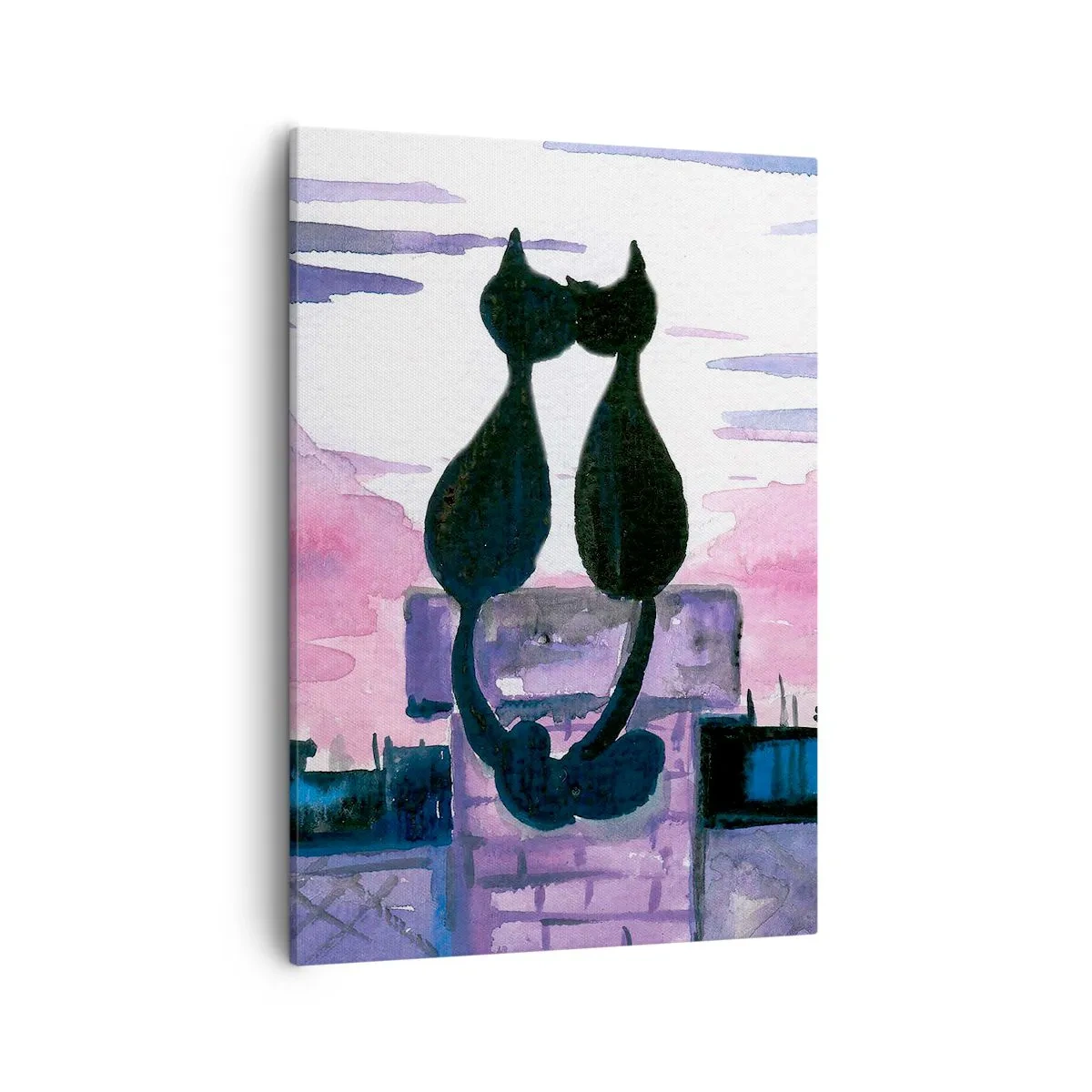 Obraz na płótnie - Sylwetki zakochanych kotów na tle wieczornego nieba - 50x70cm - Rendez-vous pod księżycem - Nowoczesna dekoracja ścienna do salonu, kuchni i sypialni ARTTOR