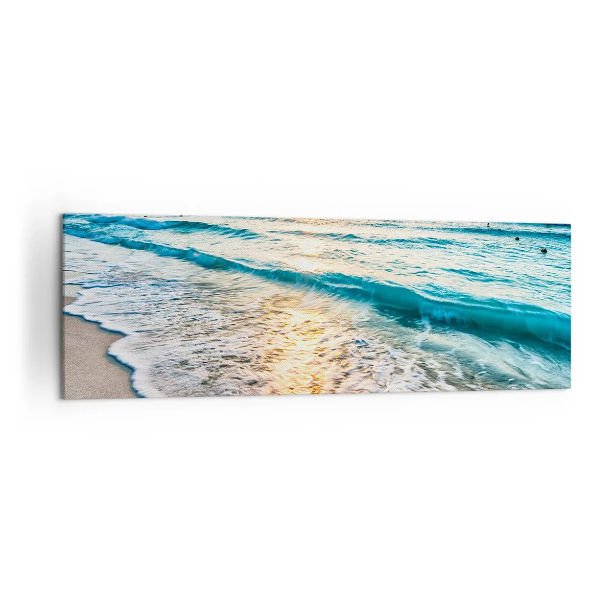 Obraz na płótnie - Wschód słońca nad spokojną plażą z falami - 160x50cm - Widok wart zachodu - Nowoczesna dekoracja ścienna do salonu i sypialni ARTTOR
