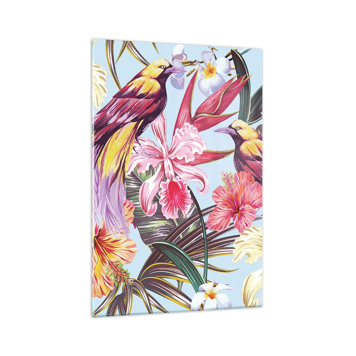 Obraz na szkle - Egzotyczne ptaki wśród tropikalnych kwiatów - 70x100cm - Płatki i piórka - Nowoczesna dekoracja ścienna do salonu i sypialni ARTTOR