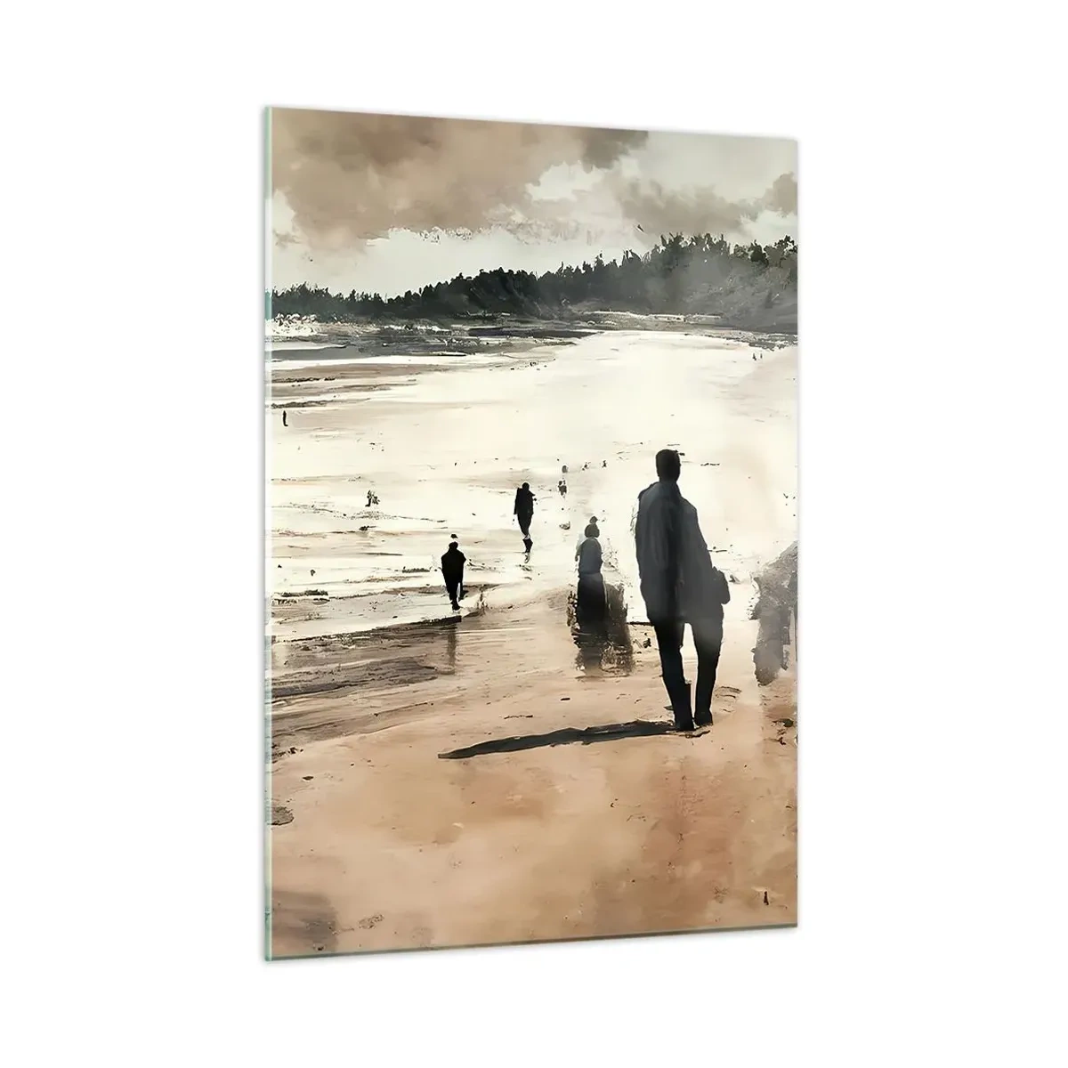Obraz na szkle - Spacerujące sylwetki na szerokiej plaży przy pochmurnym niebie - 50x70cm - Przywołani - Nowoczesna dekoracja ścienna do salonu, kuchni i sypialni ARTTOR