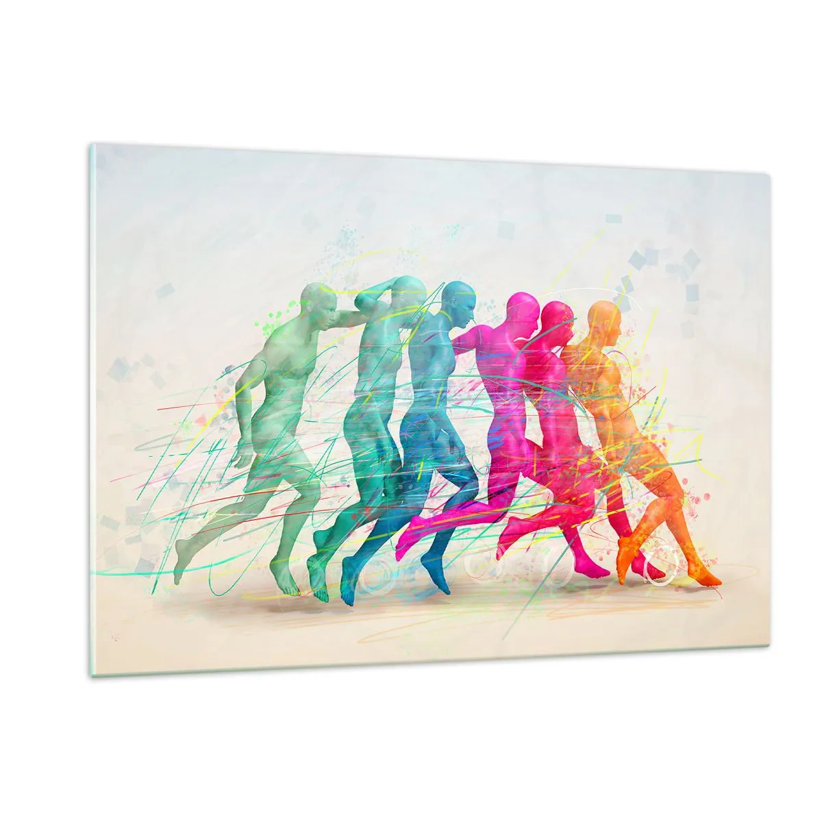 Obraz na szkle - Kolorowa abstrakcja przedstawiająca ruch postaci w biegu - 120x80cm - Harmonia ruchu - Nowoczesna dekoracja ścienna do salonu, kuchni i sypialni ARTTOR