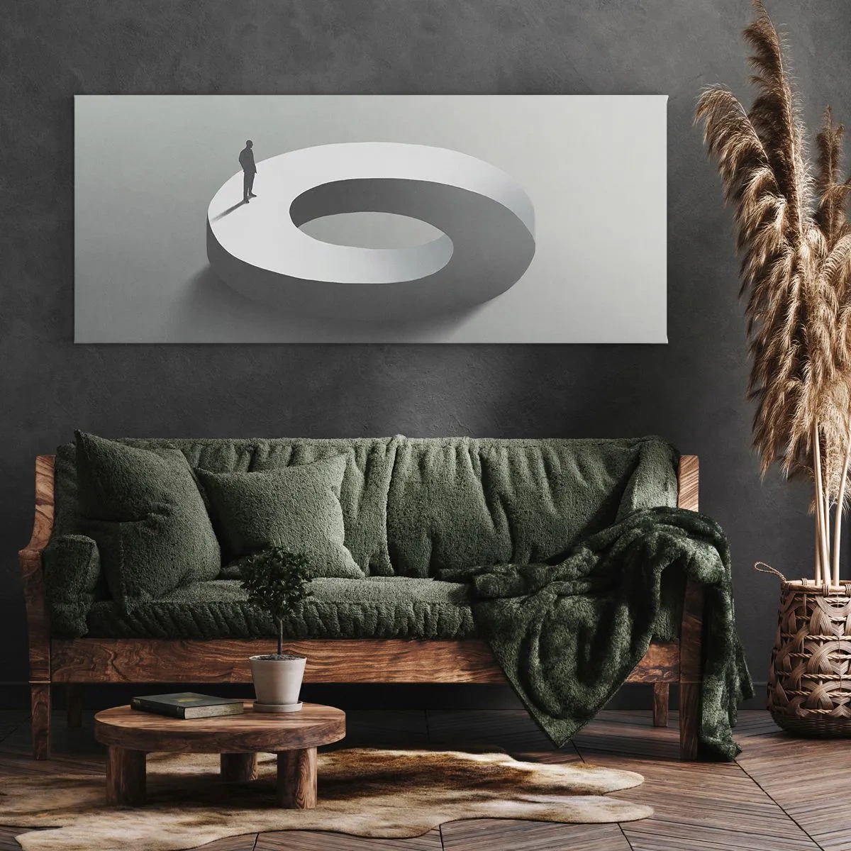 Obraz na płótnie - Człowiek na szarej, abstrakcyjnej konstrukcji - 160x50cm - I bądź tu mądry - Nowoczesna dekoracja ścienna do salonu i sypialni ARTTOR