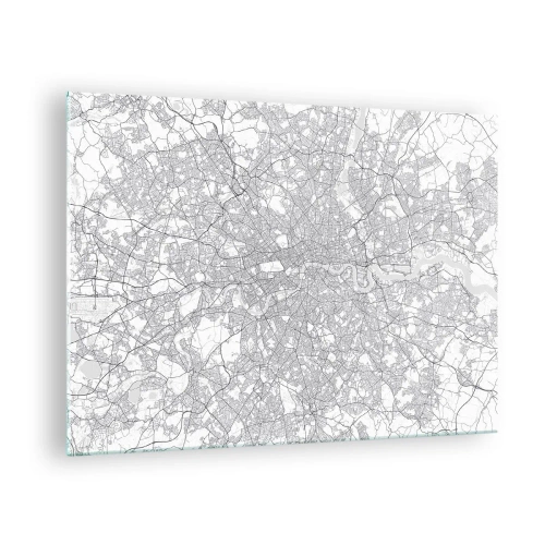 Obraz na szkle - Czarno-biała mapa z gęstą siatką ulic w stylu minimalistycznym - 70x50cm - Mapa londyńskiego labiryntu - Nowoczesna dekoracja ścienna do salonu i sypialni ARTTOR