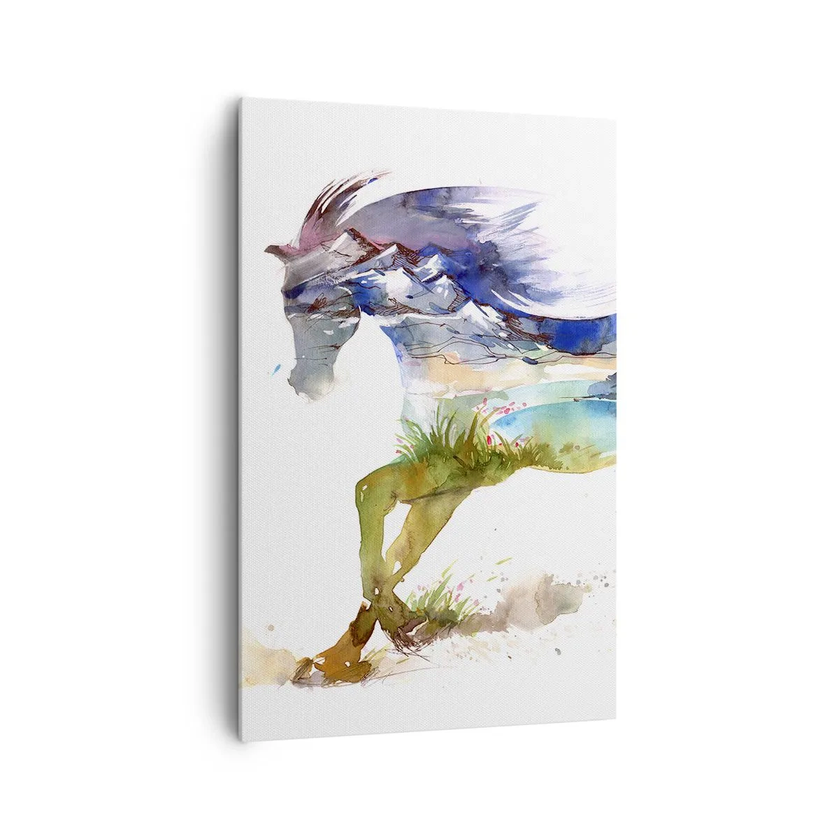 Obraz na płótnie - Akwarela konia z krajobrazem górskim w sylwetce - 80x120cm - Z łąki wprost do nieba - Nowoczesna dekoracja ścienna do salonu i sypialni ARTTOR