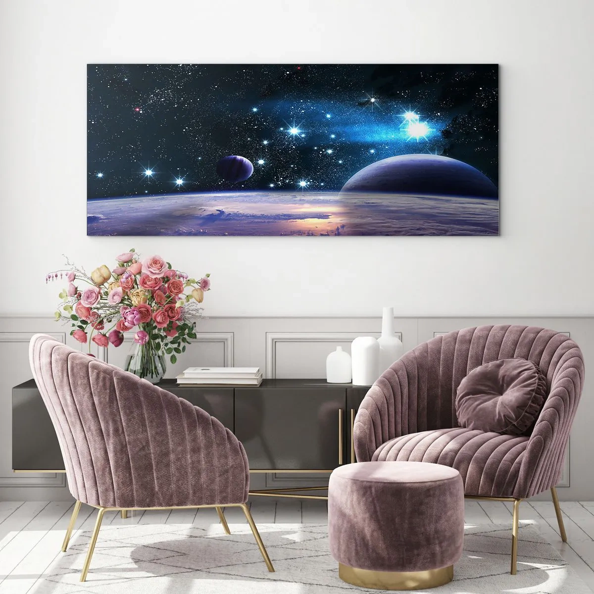 Obraz na szkle - Widok na przestrzeń kosmiczną z planetami i gwiazdami - 120x50cm - Wciąż sami? - Nowoczesna dekoracja ścienna do salonu i sypialni ARTTOR