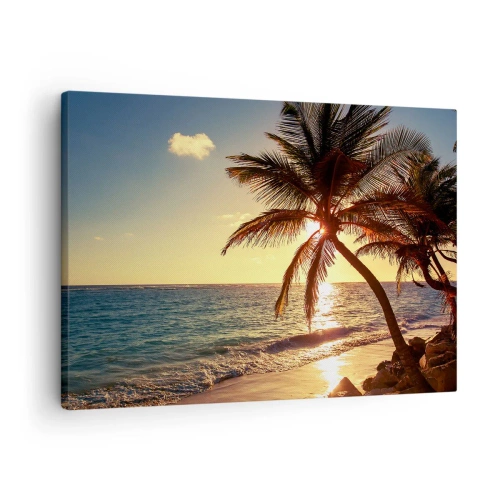 Obraz na płótnie - Tropikalny zachód słońca nad plażą z palmami - 70x50cm - Lato pod palmami - Nowoczesna dekoracja ścienna do salonu i sypialni ARTTOR