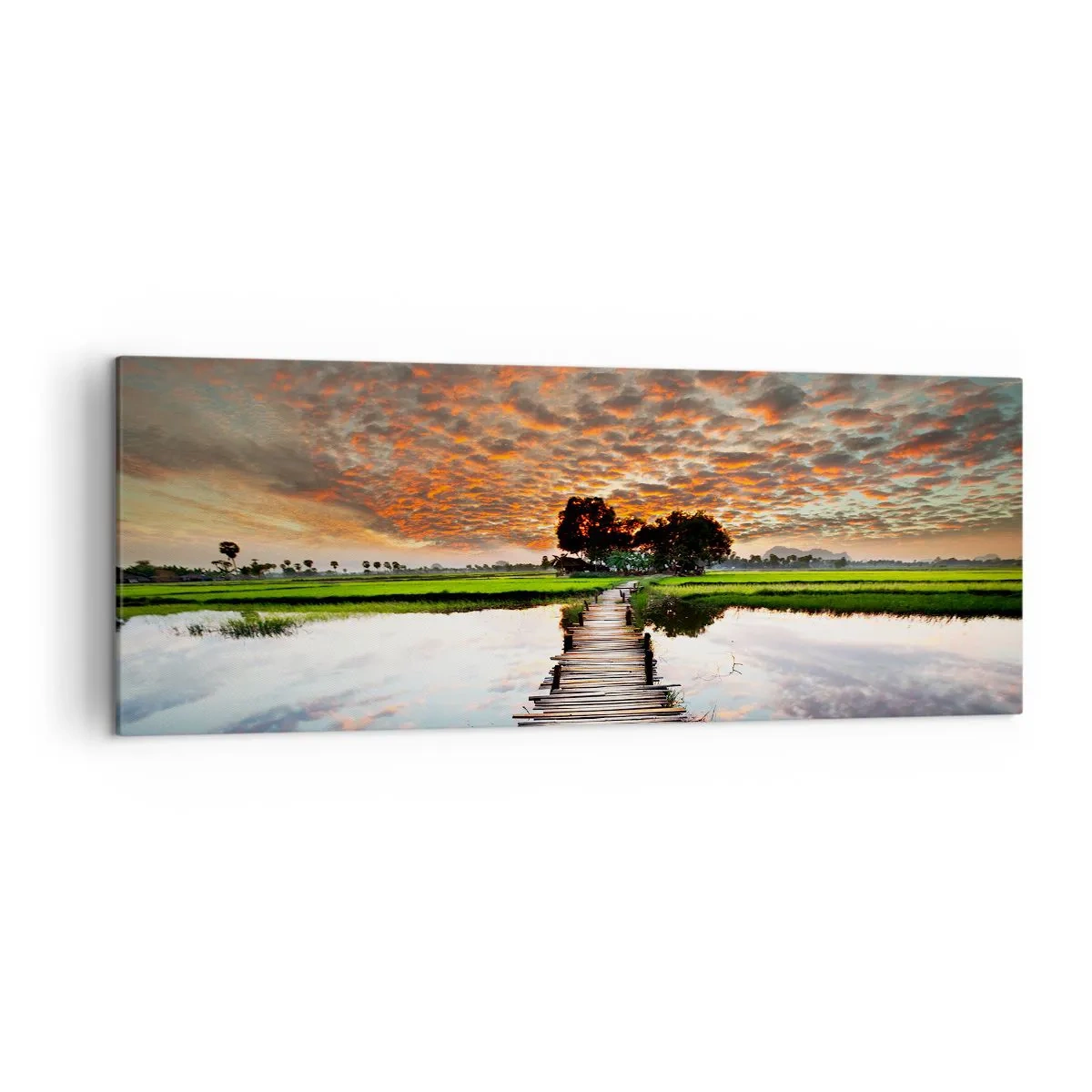 Obraz na płótnie - Drewniany mostek nad wodą o zachodzie słońca - 140x50cm - Rozłóż ramiona - oddychaj  - Nowoczesna dekoracja ścienna do salonu i sypialni ARTTOR