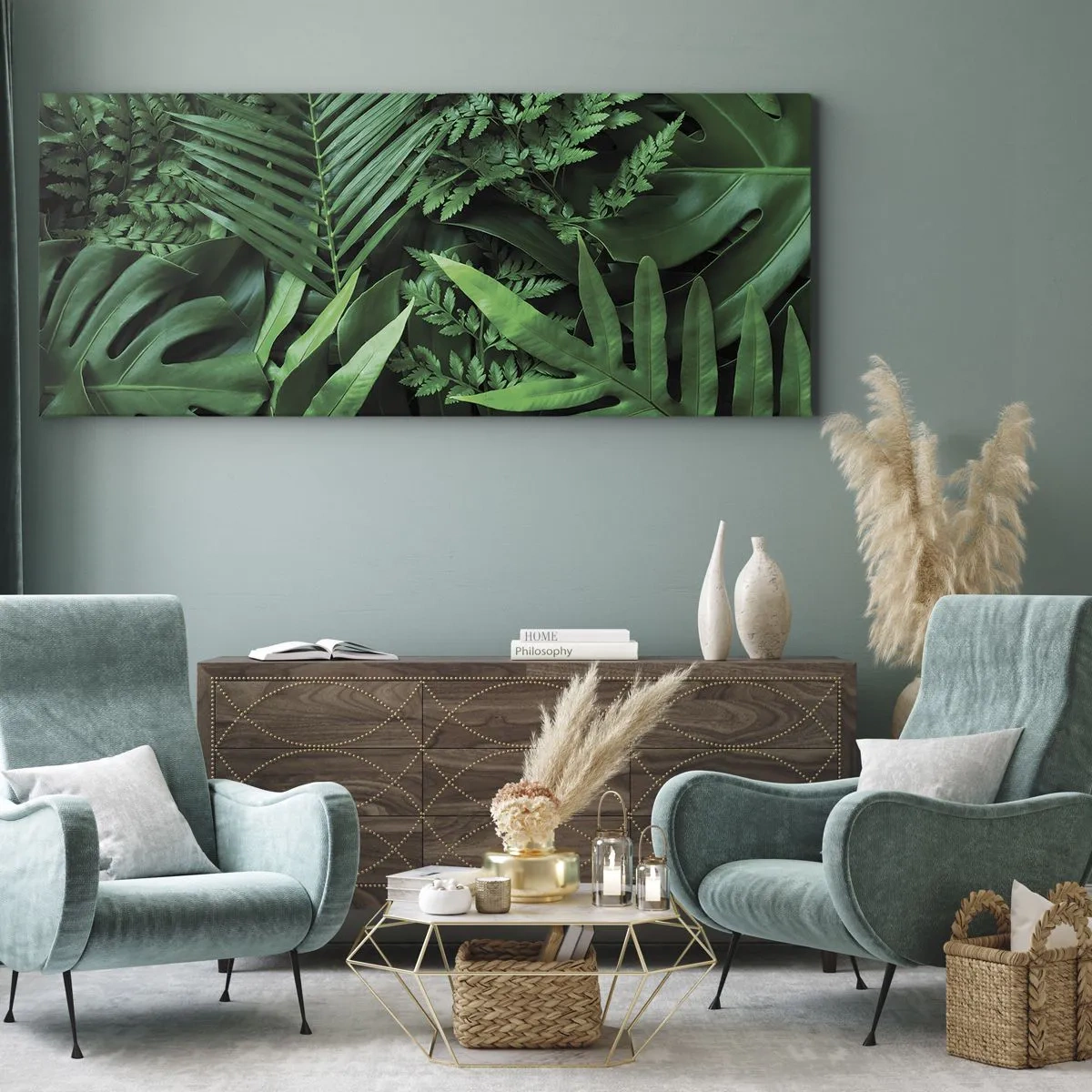 Obraz na płótnie - Zielone liście tropikalne w gęstej i naturalnej kompozycji - 160x50cm - Utulone w zieleni - Nowoczesna dekoracja ścienna do salonu i sypialni ARTTOR