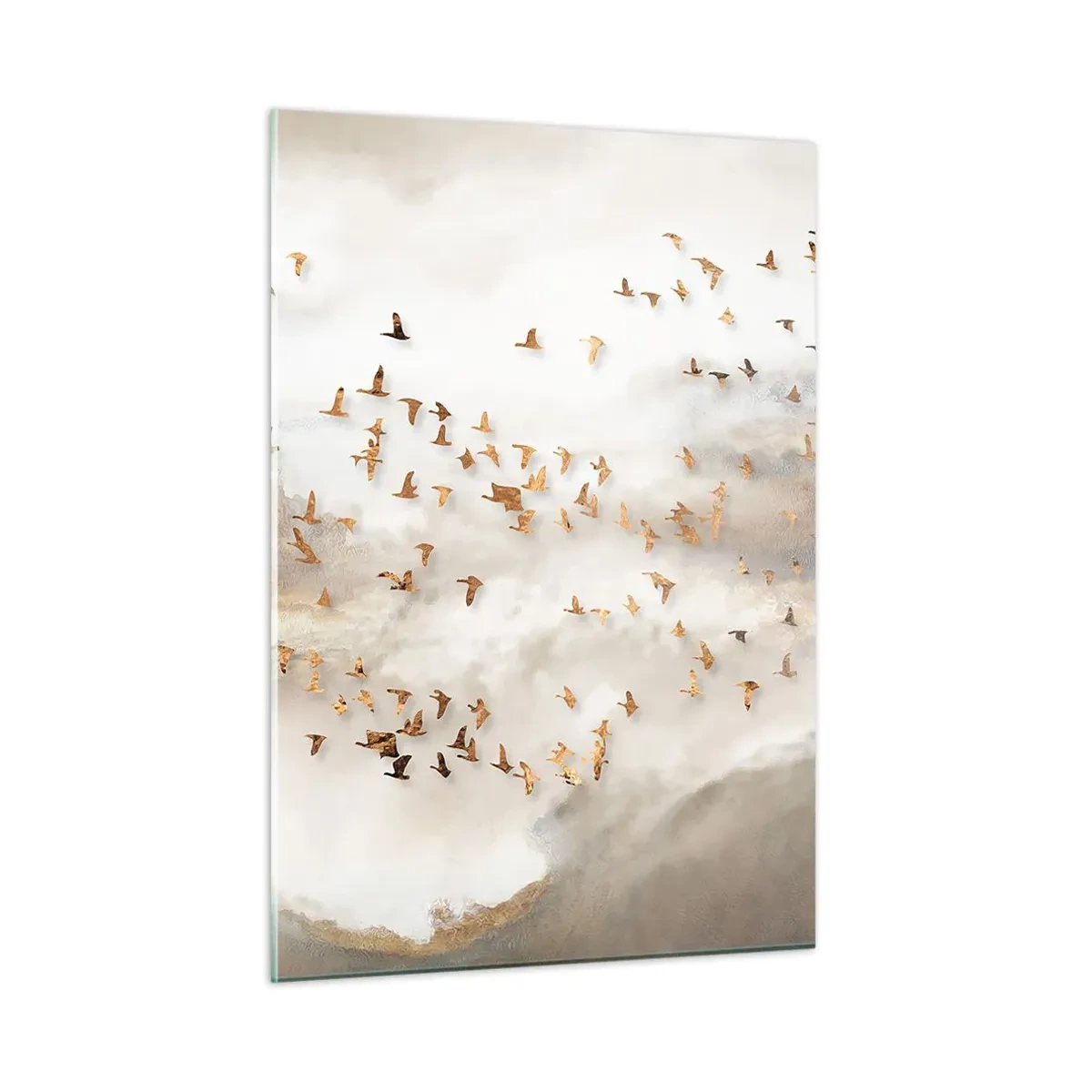 Obraz na szkle - Stado ptaków lecące nad mglistym krajobrazem - 50x70cm - Już czas… - Nowoczesna dekoracja ścienna do salonu, kuchni i sypialni ARTTOR