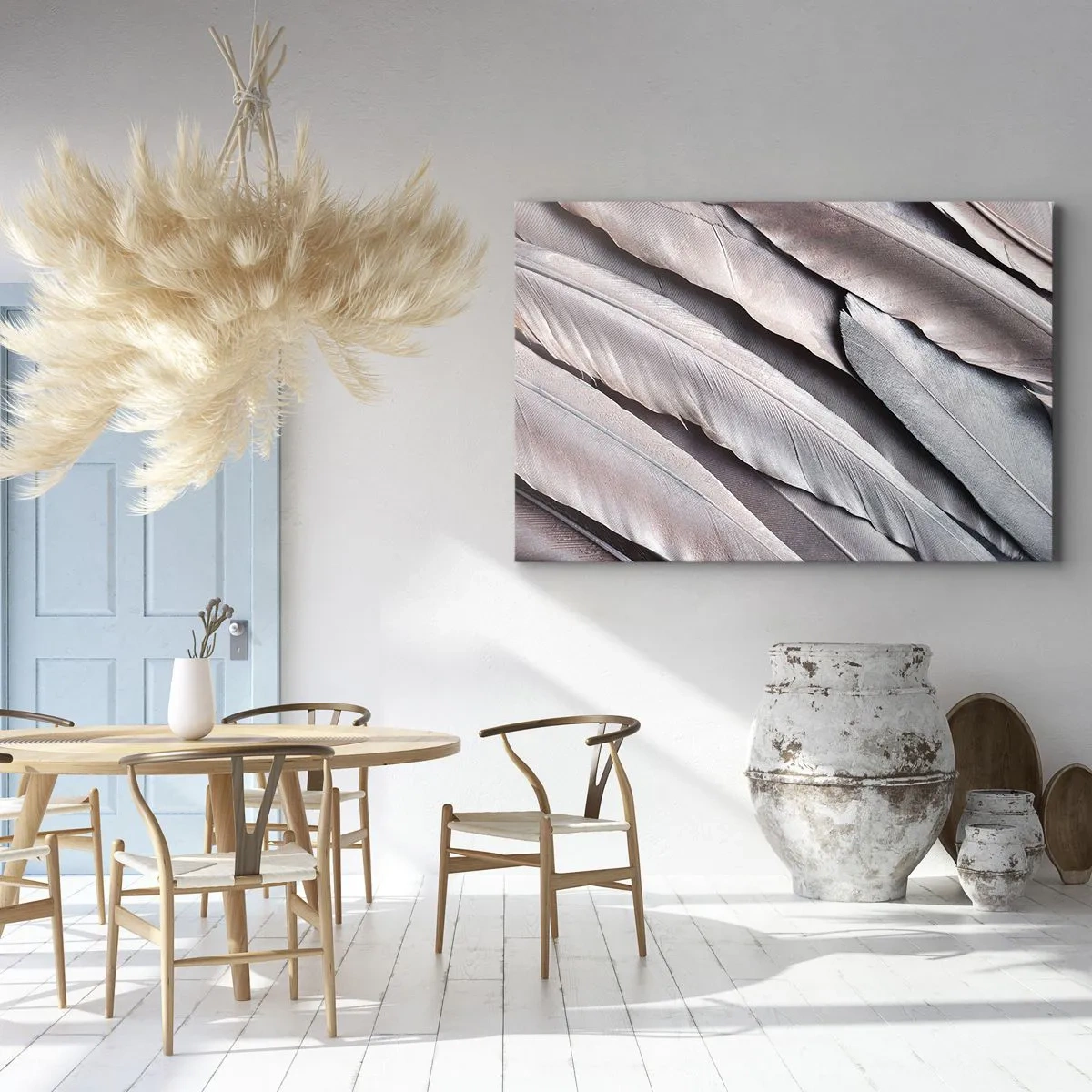 Obraz na płótnie - Delikatne pióra w subtelnych odcieniach szarości i beżu - 70x50cm - W różowej srebrzystości - Nowoczesna dekoracja ścienna do salonu i sypialni ARTTOR