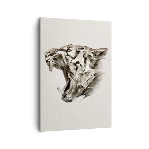 Obraz na płótnie - Abstrakcyjny ryczący tygrys w geometrycznej kompozycji na jasnym tle - 50x70cm - Już wiesz, kto rządzi - Nowoczesna dekoracja ścienna do salonu, kuchni i sypialni ARTTOR