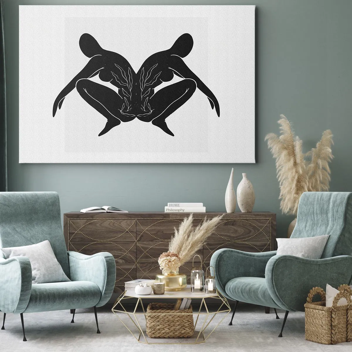 Obraz na płótnie - Czarne sylwetki w symetrycznej pozycji na białym tle - 70x50cm - Wspólna dusza - Nowoczesna dekoracja ścienna do salonu i sypialni ARTTOR