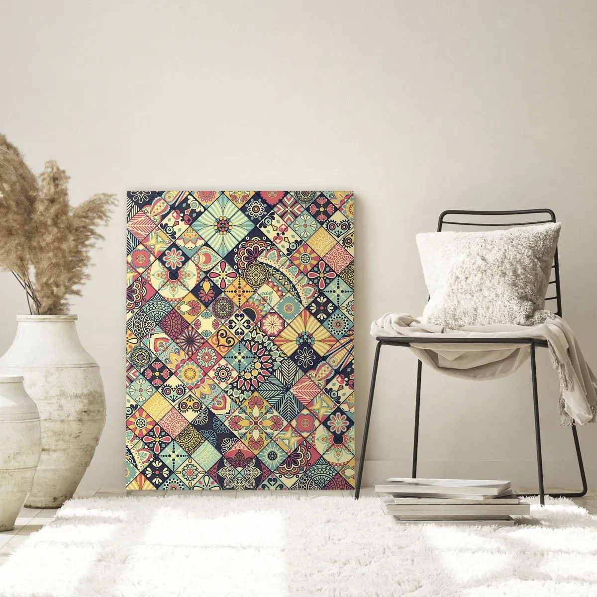 Obraz na szkle - Kolorowy wzór inspirowany marokańskimi płytkami z geometrycznymi motywami - 50x70cm - Marokańskie klimaty - Nowoczesna dekoracja ścienna do salonu, kuchni i sypialni ARTTOR