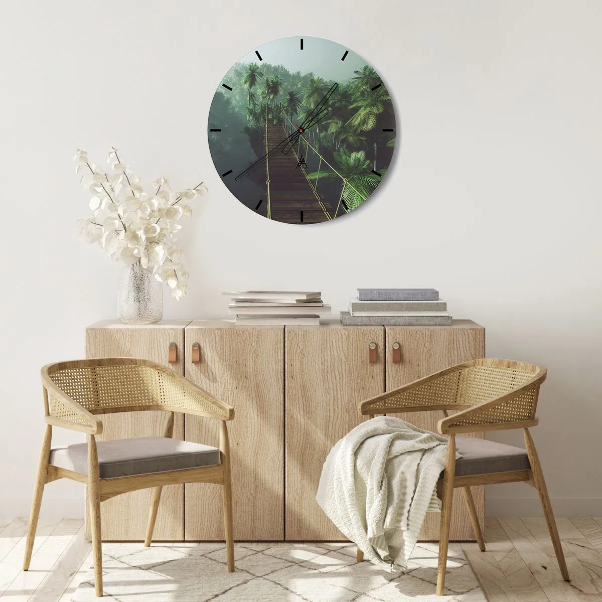 Zegar ścienny - Wiszący most w tropikalnym lesie otoczonym mgłą - 30x30cm - Nad kipielą zieleni - Nowoczesna dekoracja ścienna do salonu, kuchni i sypialni ARTTOR