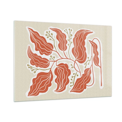 Obraz na szkle - Koralowe liście z ludowym wzorem na jasnym tle - 100x70cm - Ludowo i koralowo - Nowoczesna dekoracja ścienna do salonu, kuchni i sypialni ARTTOR