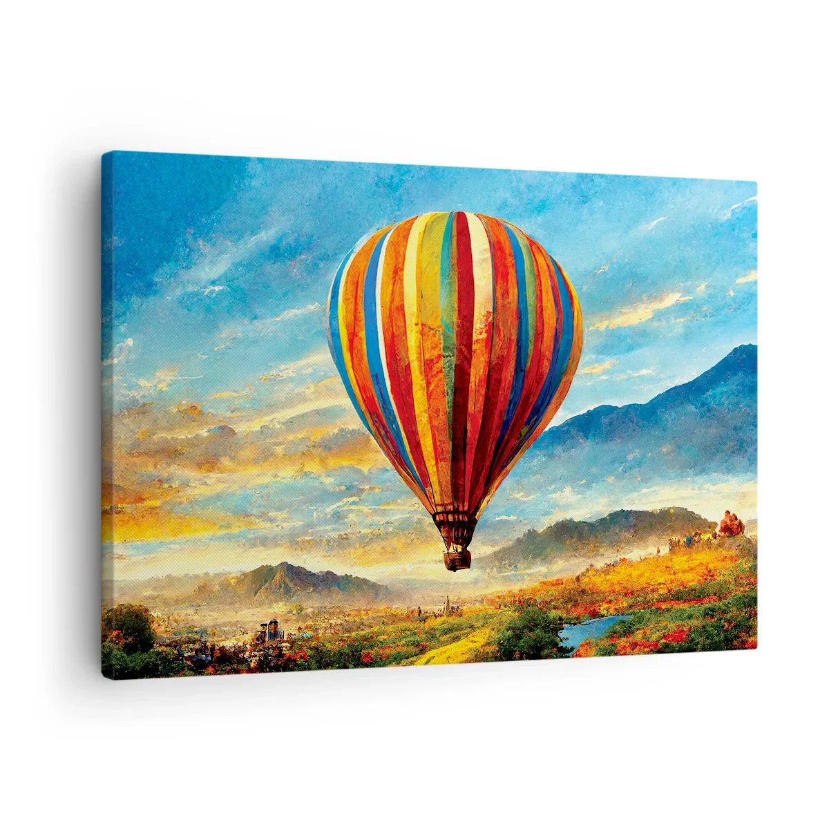 Obraz na płótnie - Kolorowy balon nad malowniczym krajobrazem - 70x50cm - W ciszy widać więcej - Nowoczesna dekoracja ścienna do salonu i sypialni ARTTOR