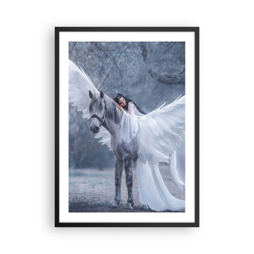 Plakat w czarnej ramie - Pegaz z białymi skrzydłami i eteryczną postacią - 50x70cm - Natchniona chwila - Nowoczesna dekoracja ścienna do salonu i sypialni ARTTOR