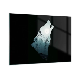 Obraz na szkle - Sylwetka wilka z lasem i księżycem w tle na czarnym tle - 100x70cm - Głos leśnej nocy - Nowoczesna dekoracja ścienna do salonu, kuchni i sypialni ARTTOR