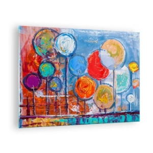 Obraz na szkle - Kolorowe, abstrakcyjne drzewa malowane na tle nieba - 70x50cm - Cuda na kiju - Nowoczesna dekoracja ścienna do salonu i sypialni ARTTOR