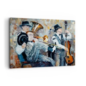 Obraz na płótnie - Muzycy jazzowi w stylu malarskim podczas koncertu - 100x70cm - Cały ten jazz - Nowoczesna dekoracja ścienna do salonu, kuchni i sypialni ARTTOR