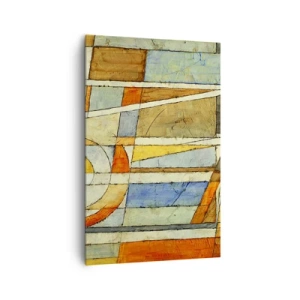 Obraz na płótnie - Geometryczna abstrakcja w odcieniach beżu, błękitu i pomarańczy - 80x120cm - Kubizm na budowie - Nowoczesna dekoracja ścienna do salonu i sypialni ARTTOR