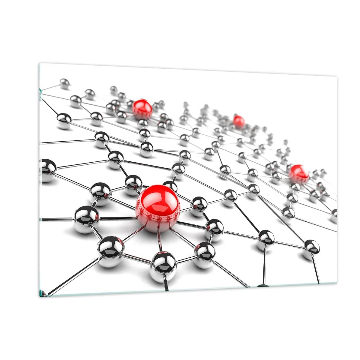 Obraz na szkle - Srebrna sieć molekuł z czerwonymi akcentami - 120x80cm - Srebrzysta sieć - Nowoczesna dekoracja ścienna do salonu, kuchni i sypialni ARTTOR
