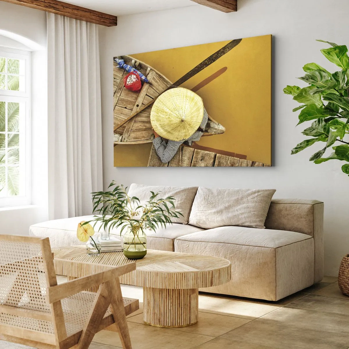 Obraz na płótnie - Tradycyjna łódź widziana z lotu ptaka - 70x50cm - Życie na żółtej rzece - Nowoczesna dekoracja ścienna do salonu i sypialni ARTTOR