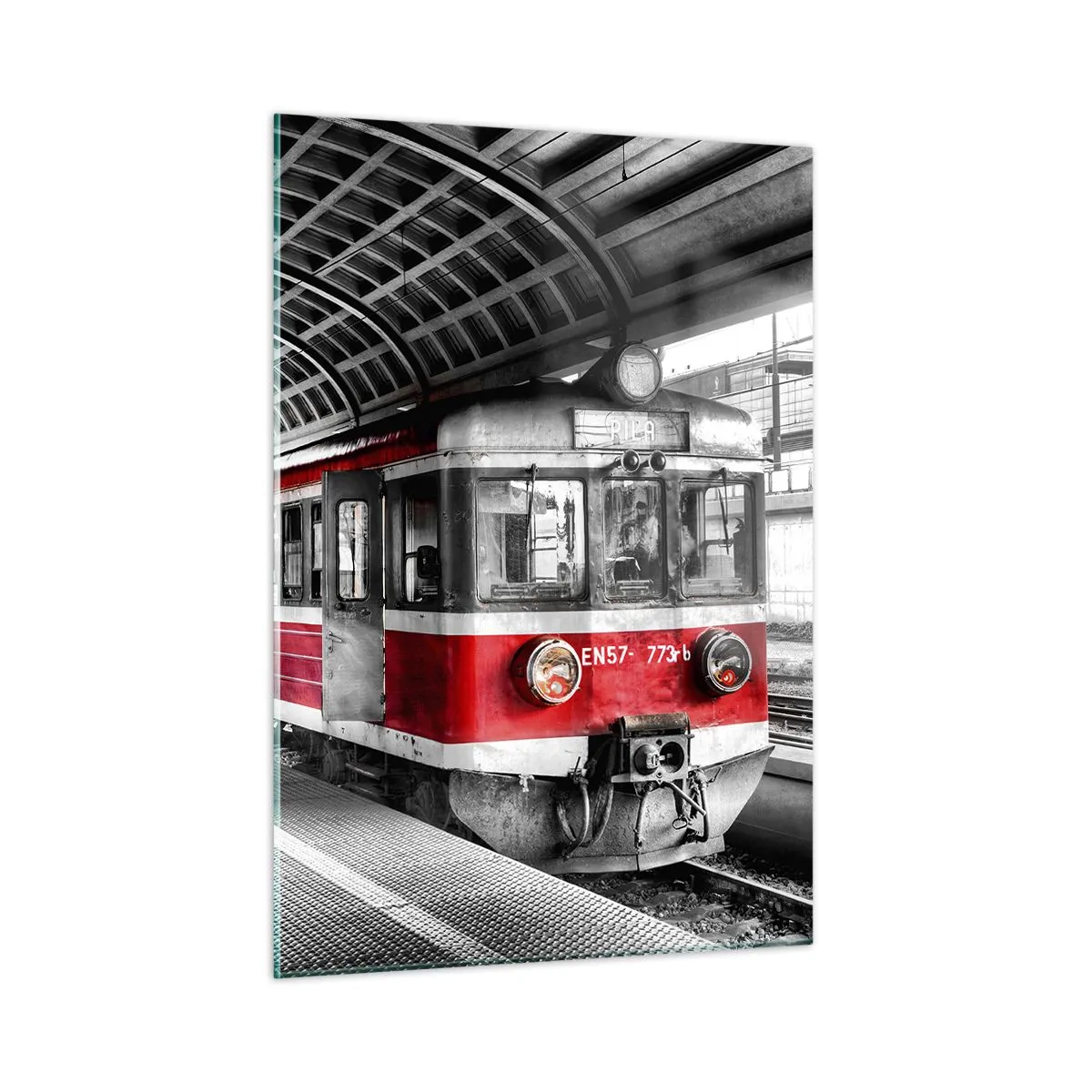 Obraz na szkle - Czerwony pociąg na stacji pod zadaszeniem - 50x70cm - Może to podróż życia? - Nowoczesna dekoracja ścienna do salonu, kuchni i sypialni ARTTOR