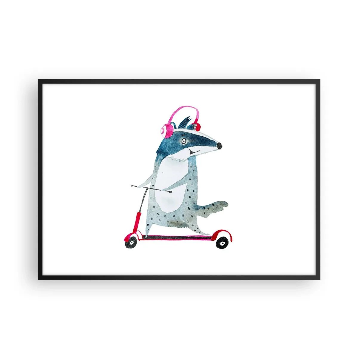 Plakat w czarnej ramie - Borsuk na hulajnodze z różowymi słuchawkami - 100x70cm - Borsucze radości - Nowoczesna dekoracja ścienna do salonu i sypialni ARTTOR