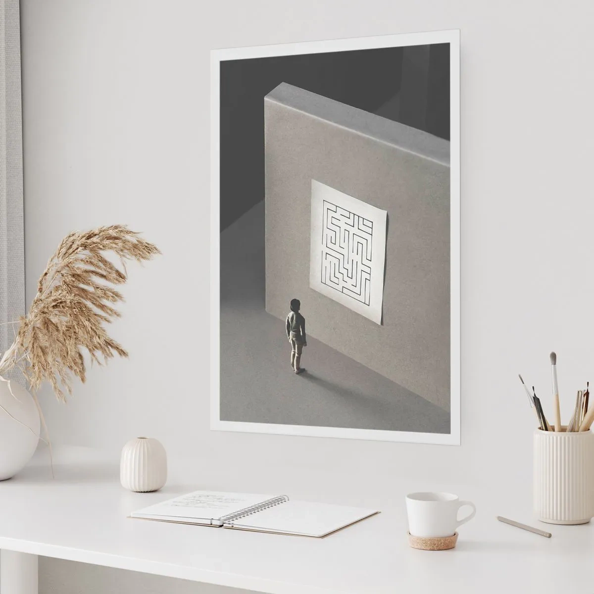 Plakat - Postać przed minimalistycznym labiryntem - 50x70cm - Ale gdzie jestem? - Nowoczesna dekoracja ścienna do salonu, kuchni i sypialni ARTTOR