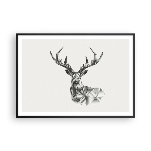 Plakat w czarnej ramie - Geometryczny wizerunek jelenia w minimalistycznym czarno-białym stylu - 100x70cm - Jeleń w kubistycznym stylu - Nowoczesna dekoracja ścienna do salonu i sypialni ARTTOR