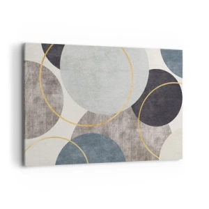 Obraz na płótnie - Geometryczne okręgi w odcieniach szarości, błękitu i złota - 100x70cm - Koło za kołem - Nowoczesna dekoracja ścienna do salonu, kuchni i sypialni ARTTOR
