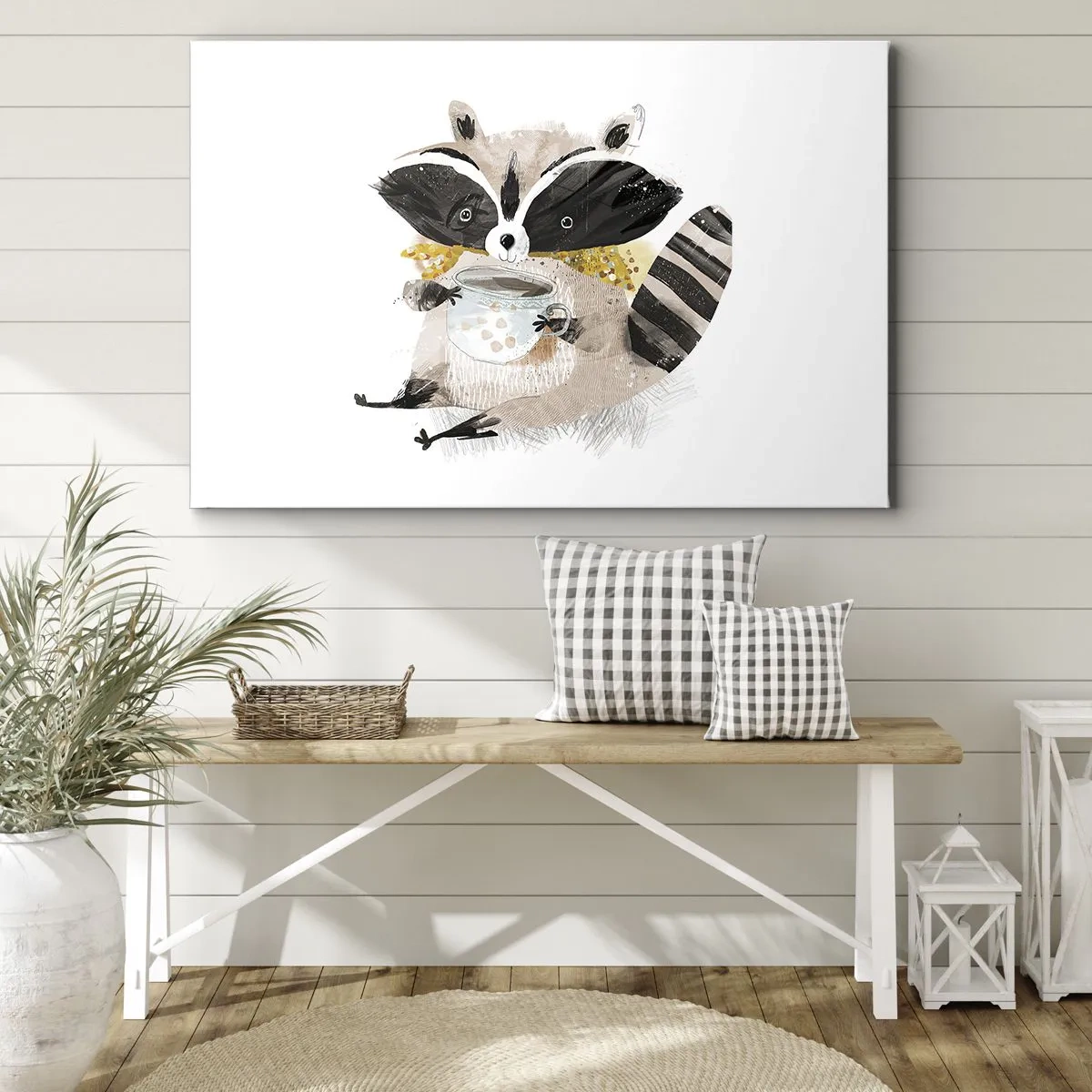 Obraz na płótnie - Uroczy szop trzymający kubek w pastelowych kolorach - 70x50cm - Mój przyjaciel szop - Nowoczesna dekoracja ścienna do salonu i sypialni ARTTOR