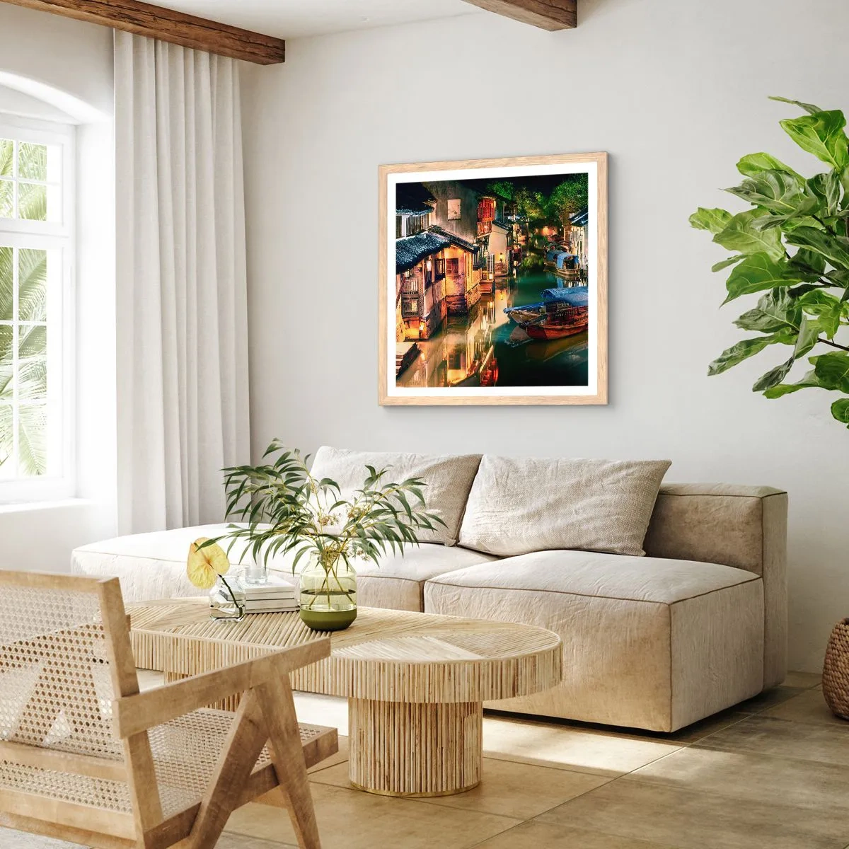 Plakat w ramie jasny dąb - Wieczór na chińskiej ulicy - 30x30 cm
