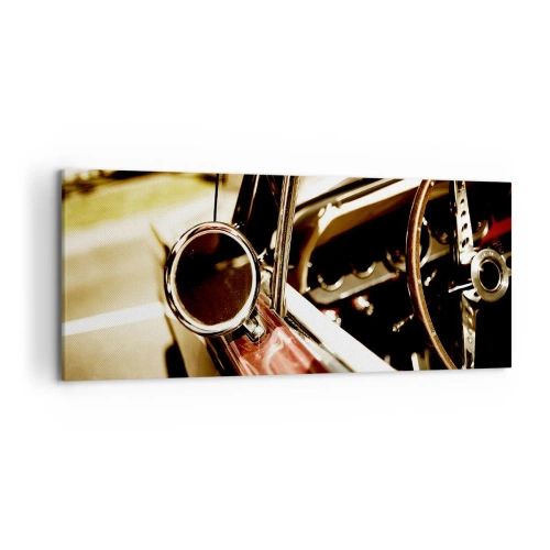 Obraz na płótnie - Zbliżenie na lusterko i wnętrze klasycznego samochodu retro - 120x50cm - Auto z duszą - Nowoczesna dekoracja ścienna do salonu i sypialni ARTTOR