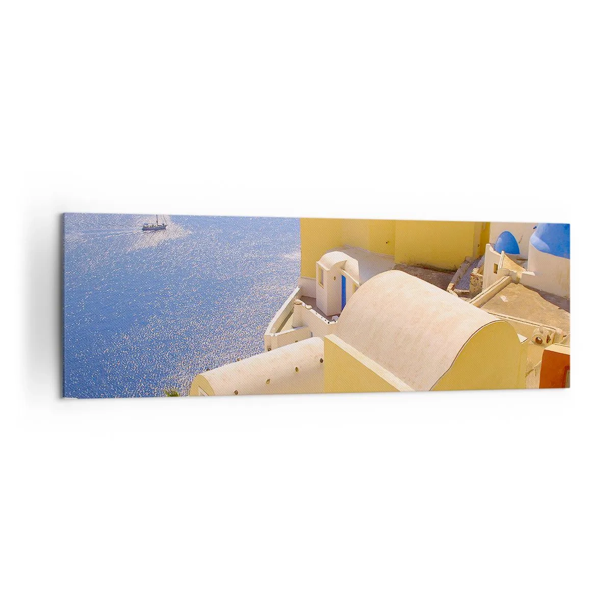 Obraz na płótnie - Grecka architektura z widokiem na morze i łódź w tle - 160x50cm - Grecki pejzaż w bieli i błękicie - Nowoczesna dekoracja ścienna do salonu i sypialni ARTTOR