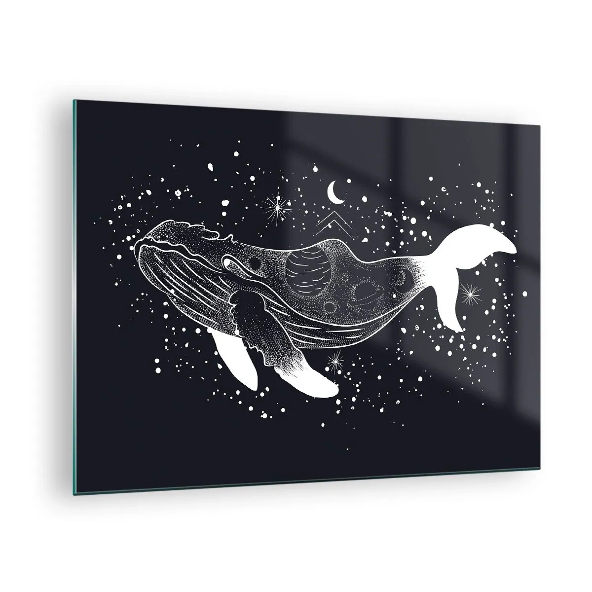 Obraz na szkle - Graficzna biała sylwetka wieloryba unoszącego się w kosmosie - 70x50cm - W oceanie wszechświata - Nowoczesna dekoracja ścienna do salonu i sypialni ARTTOR