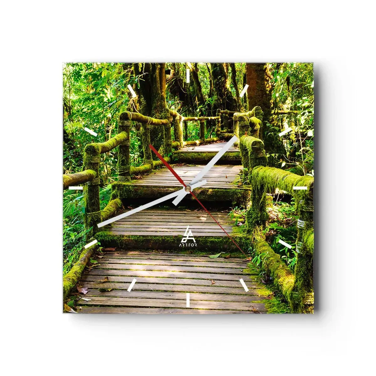 Zegar ścienny - Drewniany most porośnięty mchem w tropikalnym lesie deszczowym - 30x30cm - Korytarzem zieleni - Nowoczesna dekoracja ścienna do salonu i sypialni ARTTOR