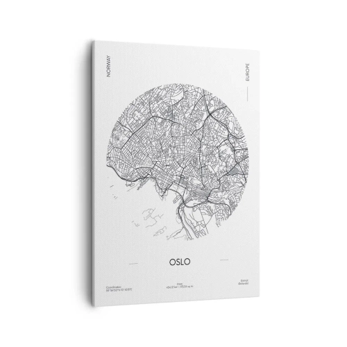 Obraz na płótnie - Minimalistyczna mapa Oslo w czarnych liniach na białym tle - 50x70cm - Anatomia Oslo - Nowoczesna dekoracja ścienna do salonu, kuchni i sypialni ARTTOR