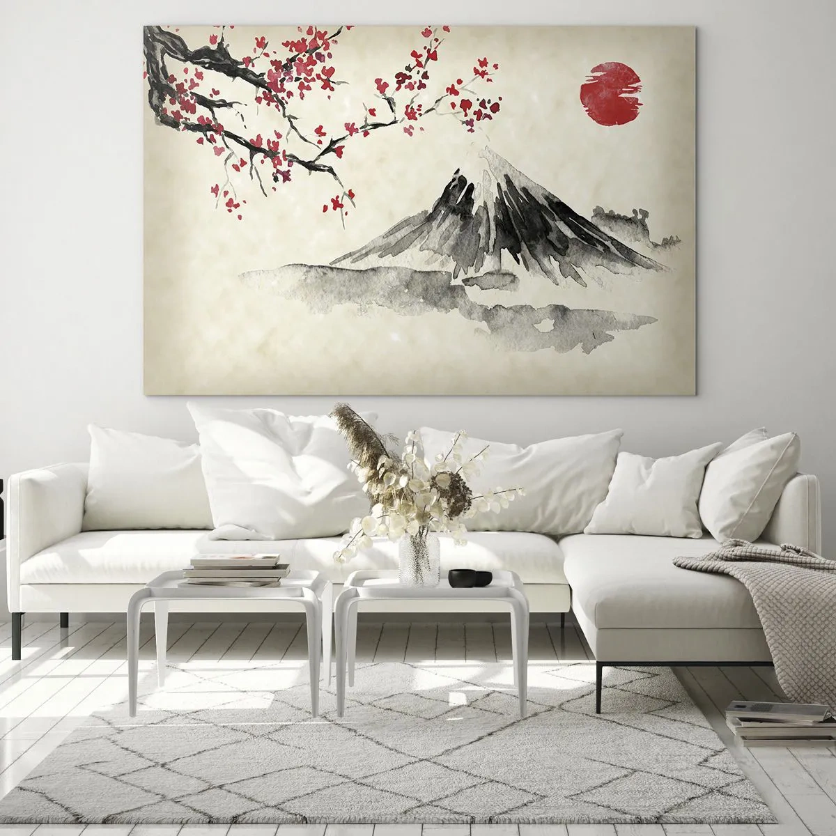 Obraz na szkle - Japońska akwarela z górą i kwitnącą gałęzią - 120x80cm - Pokochaj Japonię - Nowoczesna dekoracja ścienna do salonu, kuchni i sypialni ARTTOR